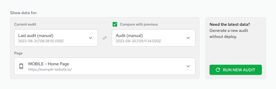 From the Audits page, you can generate a new audit and select historical audits with the report of the selected site.