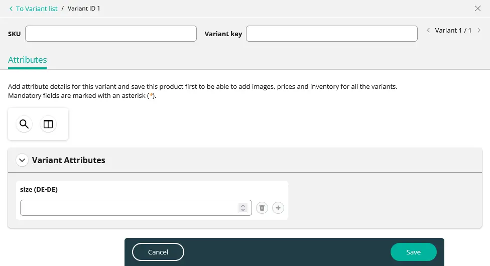 Page to enter product SKU and additional variant attributes