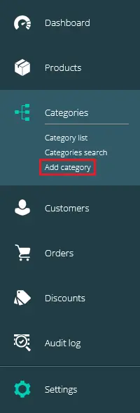 Position of the 'Add category' page in the menu in commercetools