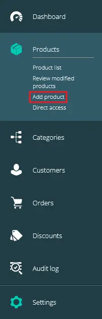 Position of the 'Add product' page in the menu in commercetools