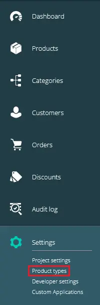 Position of the 'Product types' page in the menu in commercetools